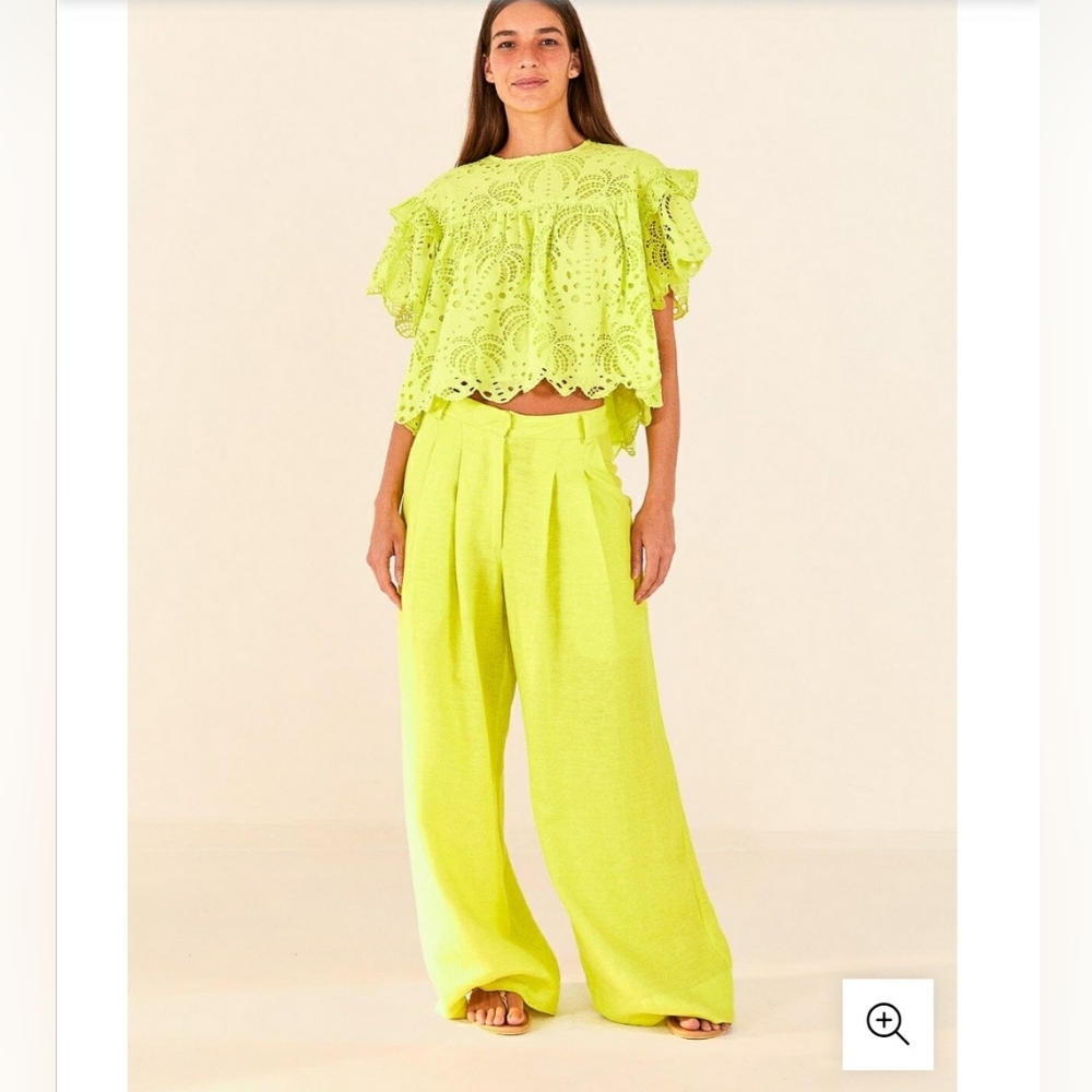 Set of Farm Rio Palm Tree Richilier Blouse & Linen Wide Leg Pants - Medi…